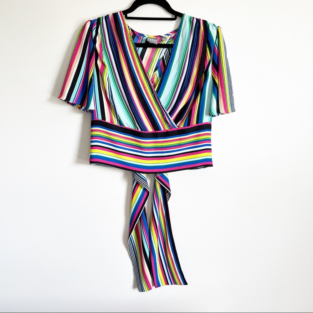 Soho NYCO Jeans Stripe Tie Faux Wrap Crop Top Blouse V Neck Small Colorf…